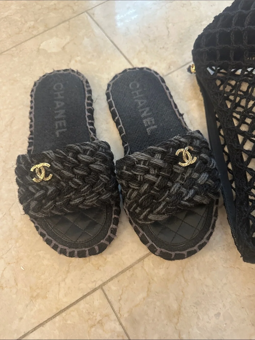 CHANEL Black Braided Slide Sandals with Gold CC Emblem